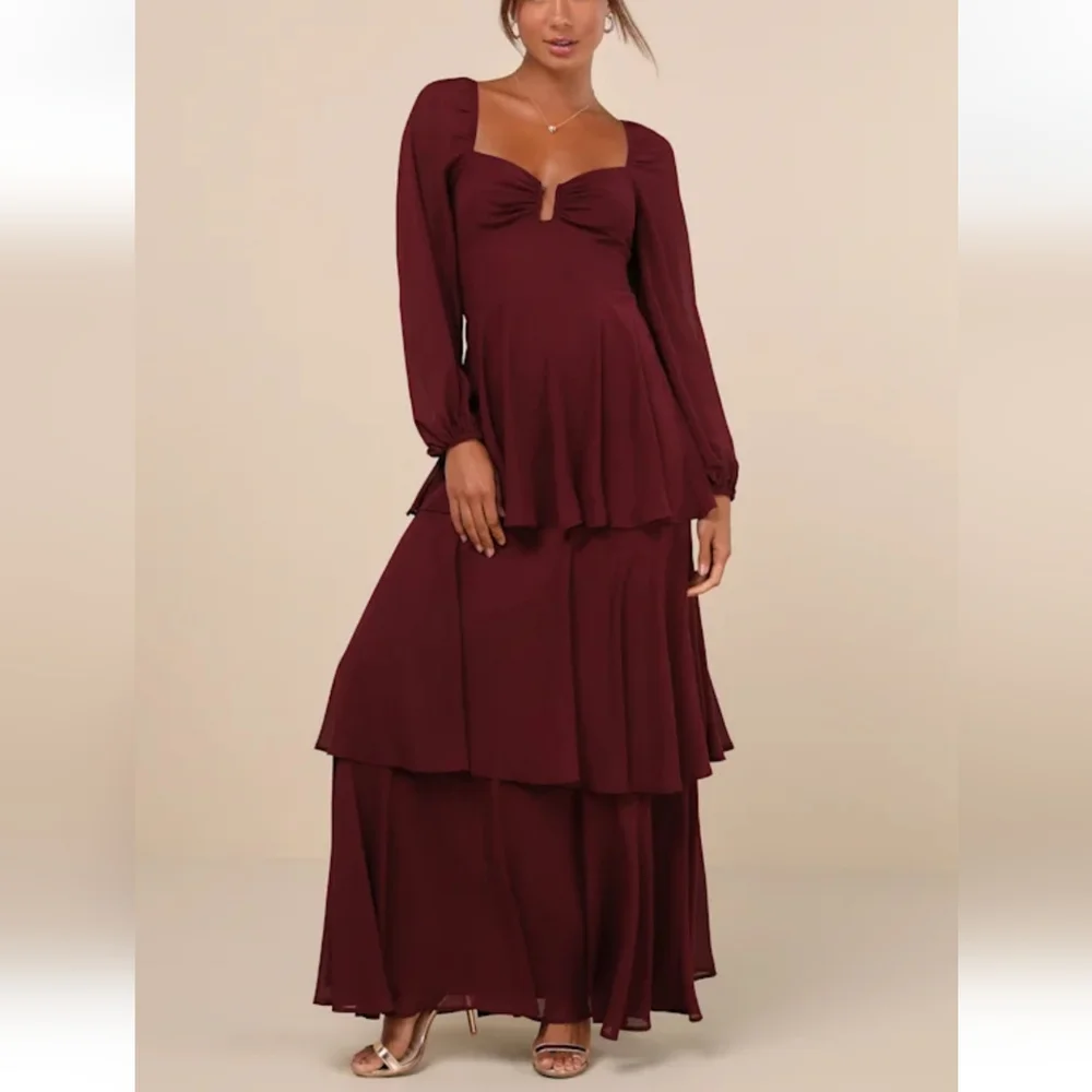 Lulus Tier to Enchant NWT Burgundy Long Sleeve Tiered Maxi Dress